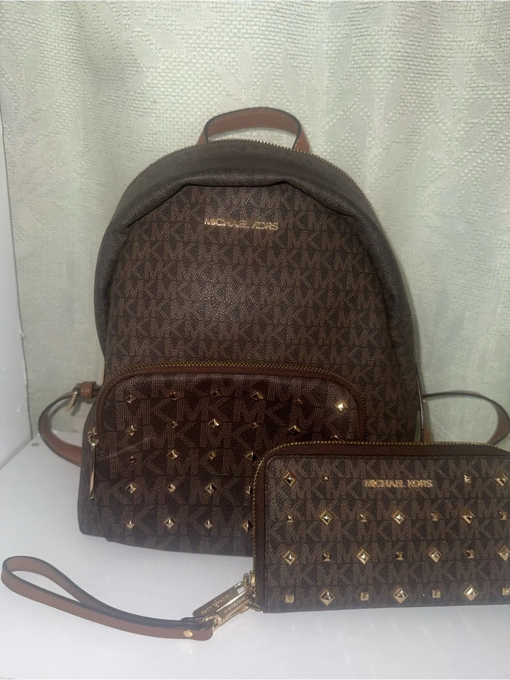 Michael Kors Brown Logo Studded Backpack & Wallet Set
